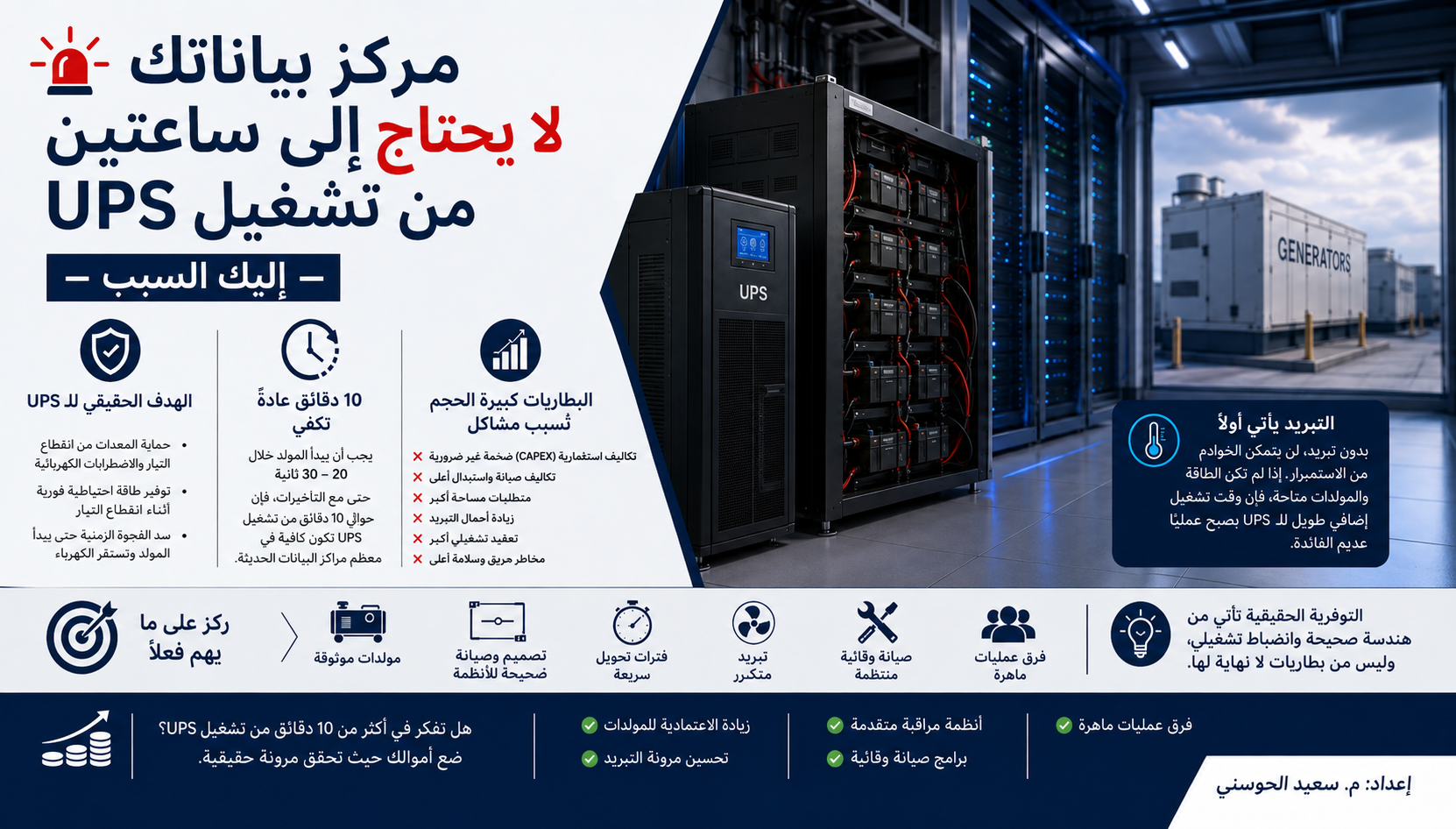 مركز البيانات لا يحتاج إلى ساعتين من زمن تشغيل الـ UPS... وإليك السبب