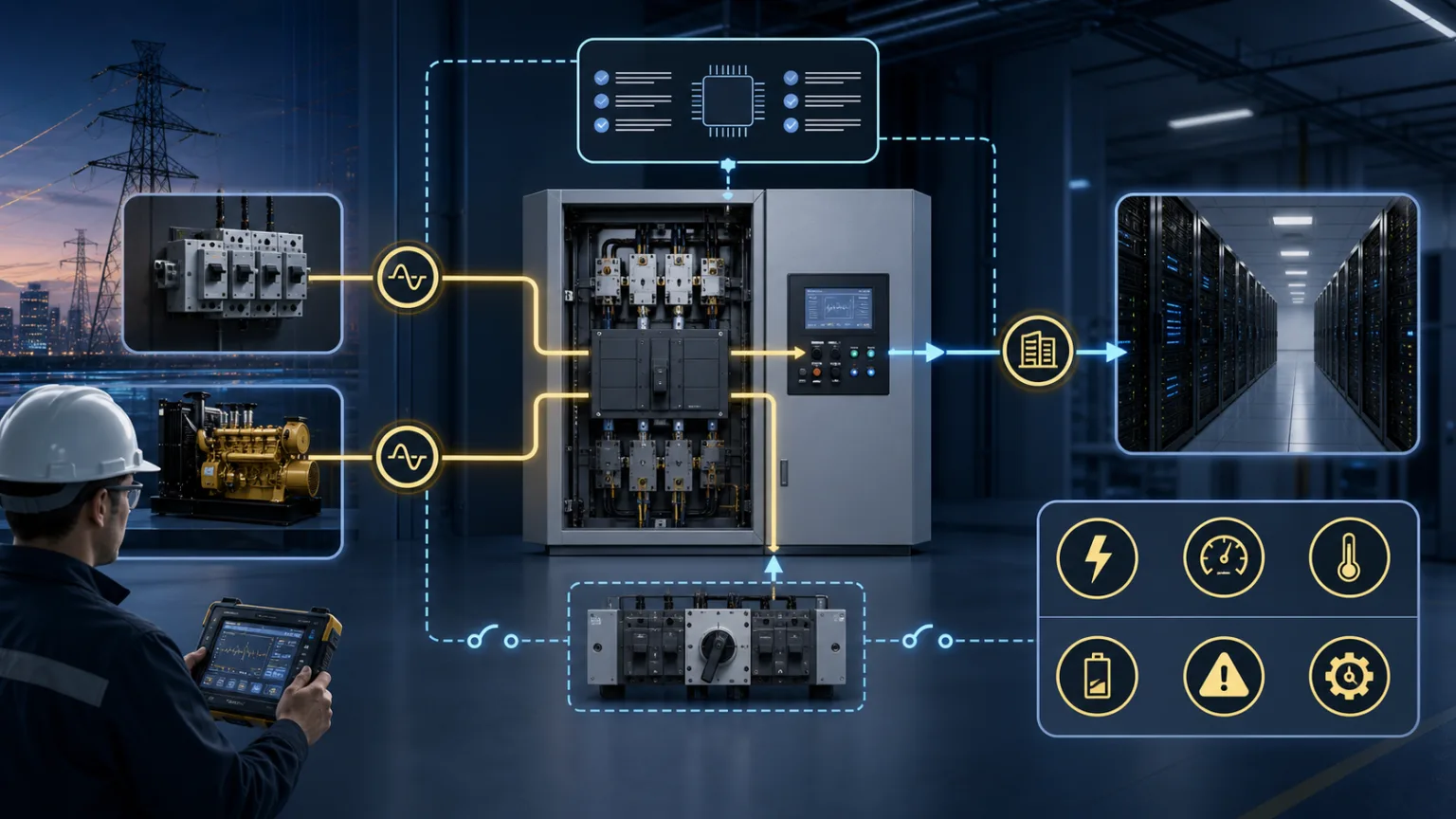Automatic transfer switches with source sensing and transfer modes
