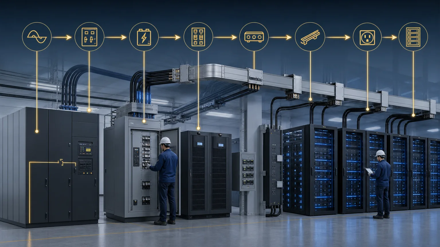 Data center electrical distribution from UPS output to IT rack