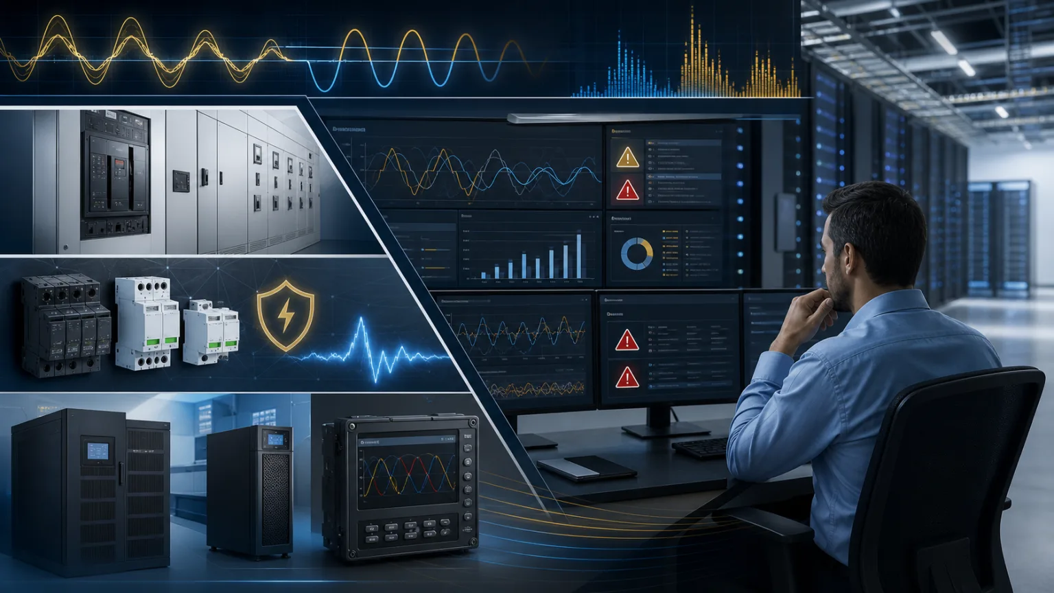 Power quality with harmonics, voltage events, surge protection and monitoring