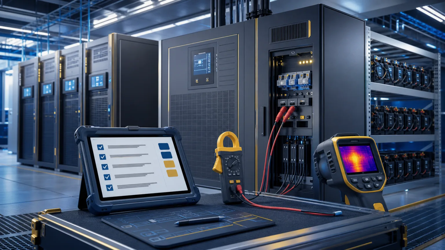 صيانة واختبار أنظمة UPS في غرفة كهرباء مركز بيانات