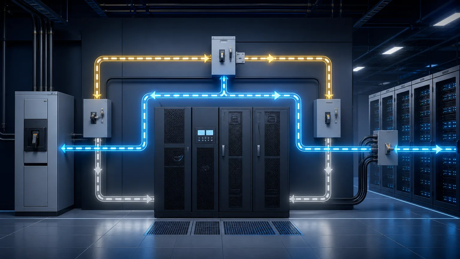 أوضاع تشغيل UPS ومسارات التجاوز للأحمال الحرجة في مركز البيانات