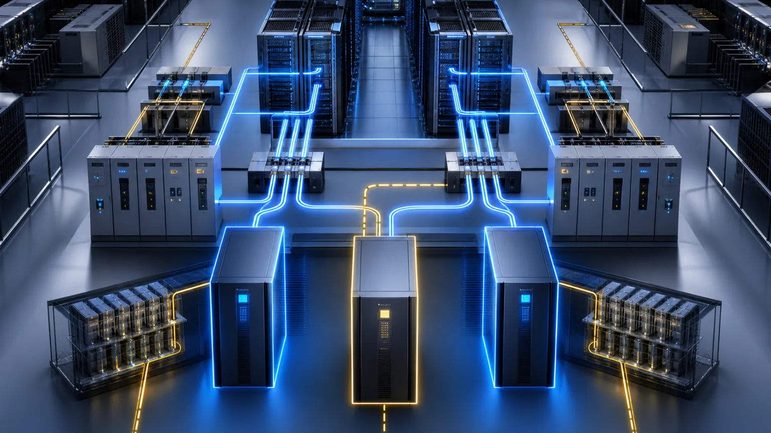 Redundant UPS power paths and failure domains feeding data center racks